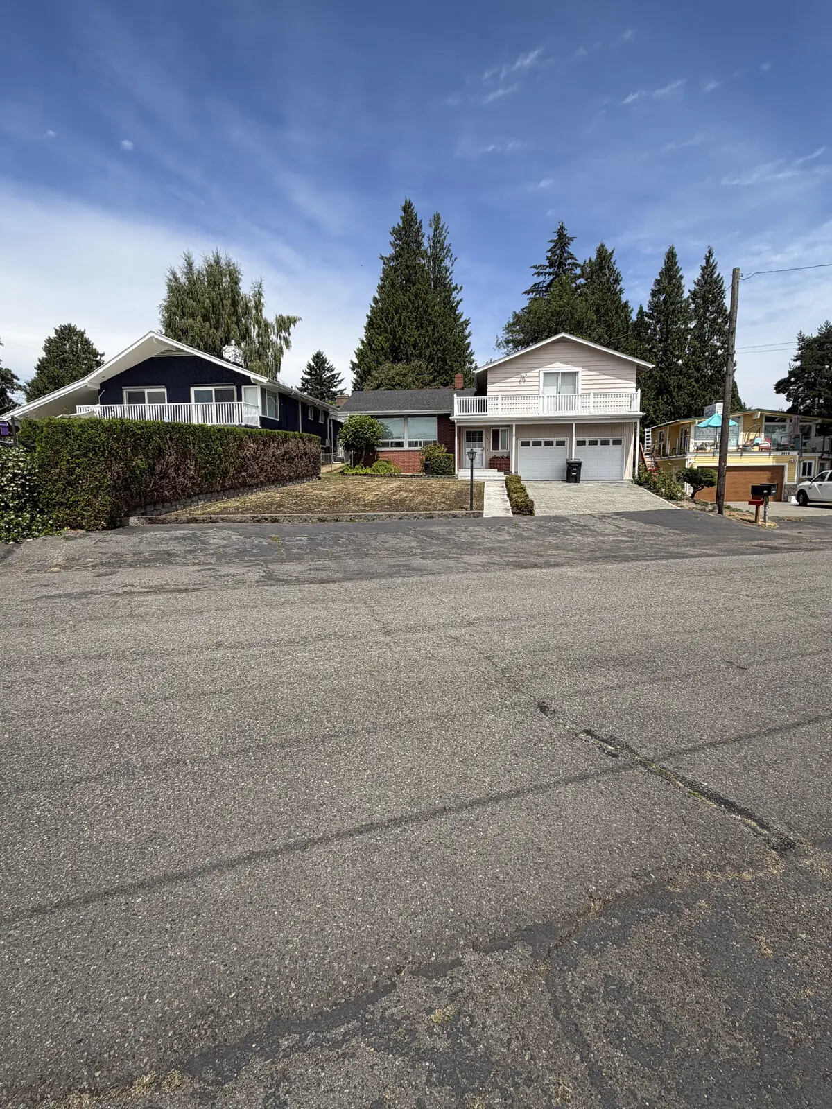 Wide view of the same worn asphalt drive showing seam cracks and oxidized pavement.