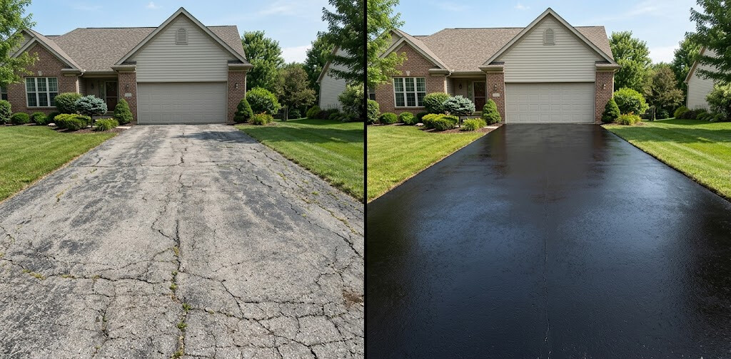 A weathered asphalt driveway on the left transitioning into freshly sealed black pavement on the right.