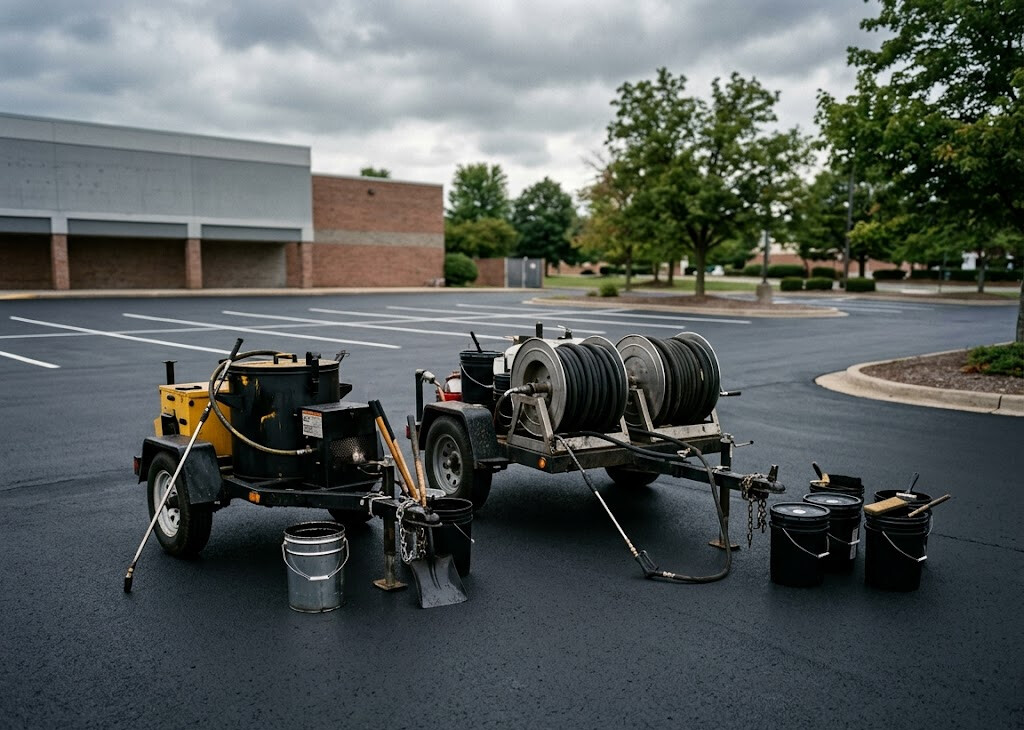Commercial sealcoating trailer with hose reel, hot crack-fill kettle, and supplies, ready for a job.