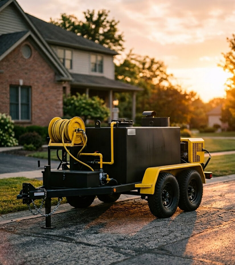 The Northwest Sealcoating Solutions trailer, parked and ready at golden hour.